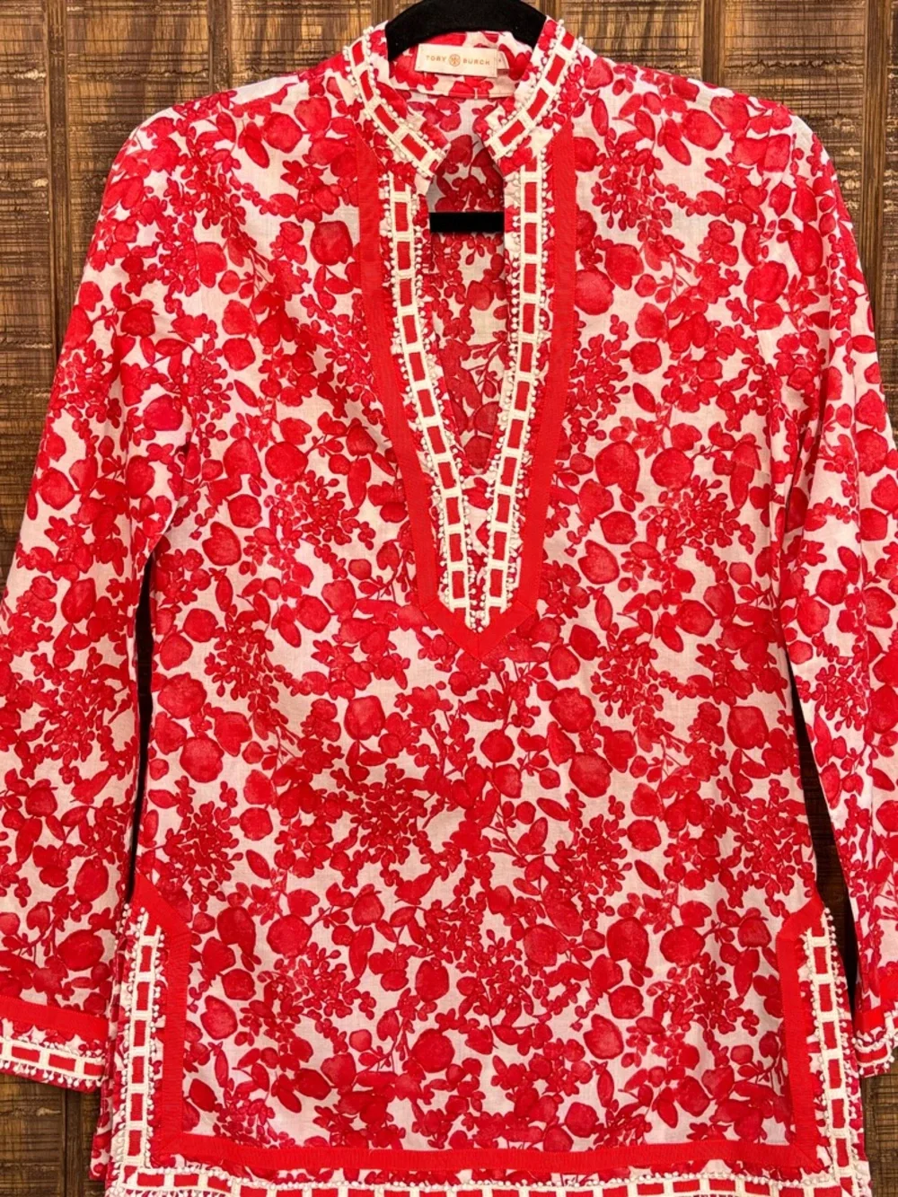 Tory Burch Red And White Floral Tunic Top With Crochet Ribbon Detail